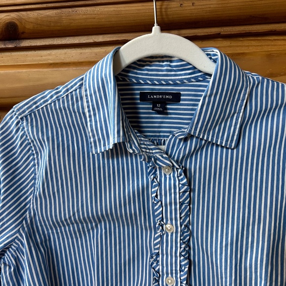 Lands End Long Sleeve Shirt Button Up Blue White‎ Stripe Women's 100% Cotton 12 - Picture 2 of 9